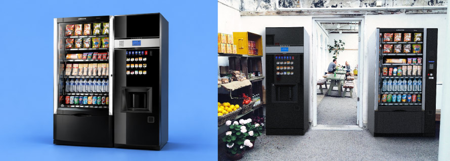 Δύο αυτόματοι πωλητές snacks, ροφημάτων και νερού τοποθετημένοι σε επαγγελματικό χώρο.